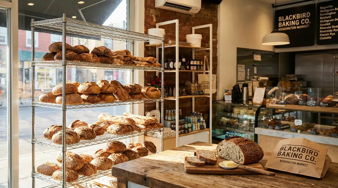 A rustic wooden table in a bakery features a sliced loaf of sourdough bread on a cutting board with butter, next to a paper bag. In the background, metal shelves are stocked with freshly baked artisan bread loaves.