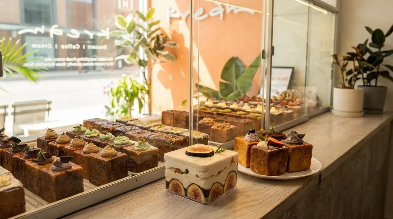 A display counter at Kream bakery featuring rows of square-cut pastries, layered cakes, and individual desserts topped with fresh fruit and cream behind a glass partition.