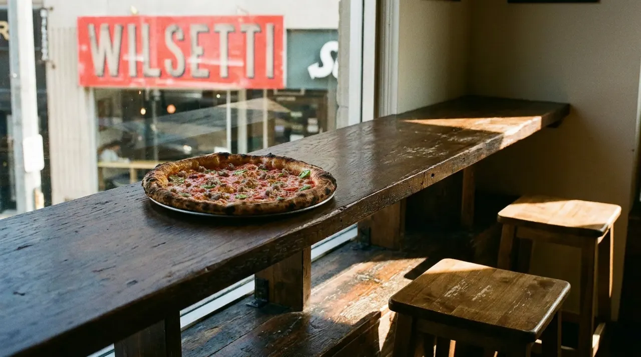 A freshly baked wood-fired pizza sits on a metal tray atop a long, rustic wooden bar counter by a window, with wooden stools nearby and a red Wilsetti sign visible outside.