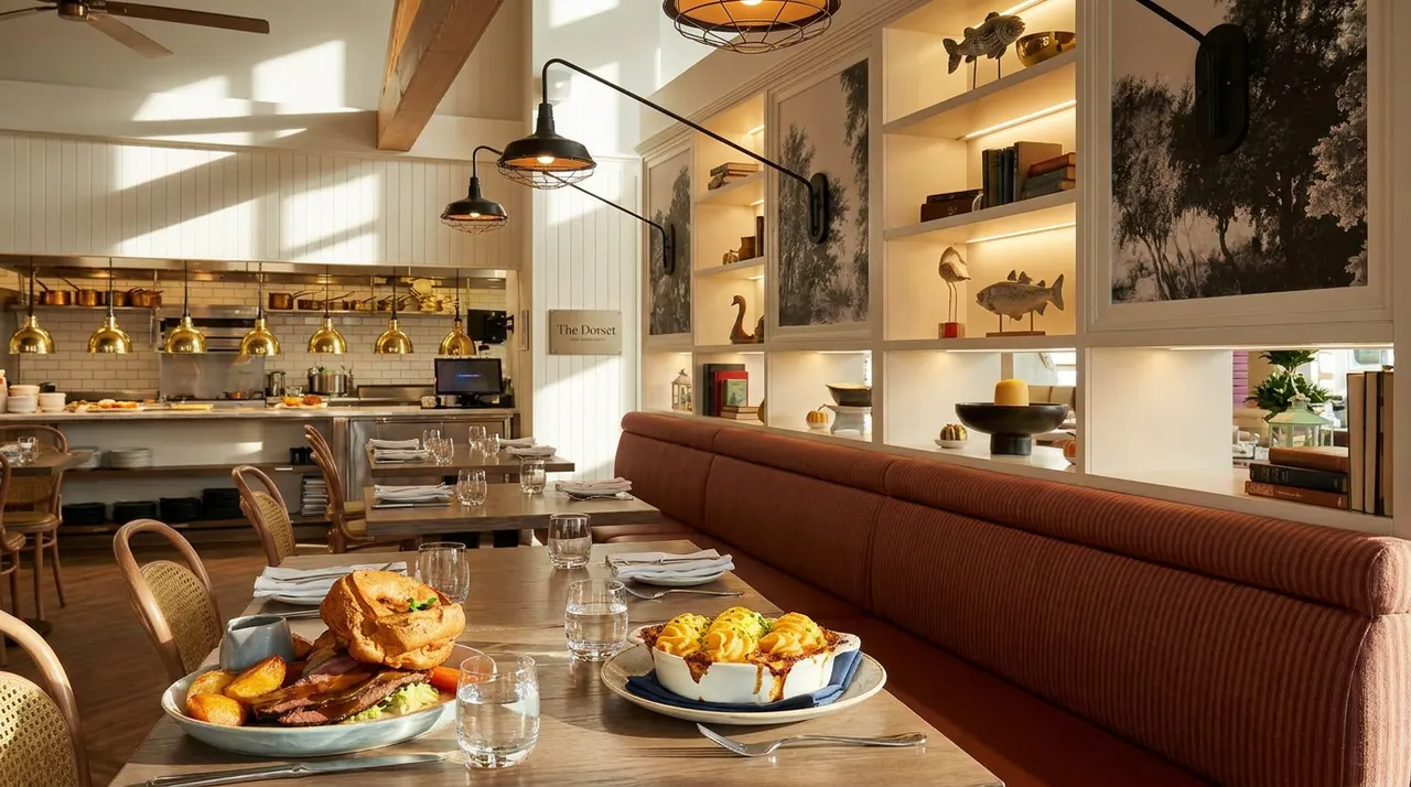 A cozy restaurant dining room featuring a long wooden table set with a roast dinner and a shepherd's pie, alongside a long brown banquette bench and built-in shelving with decor.