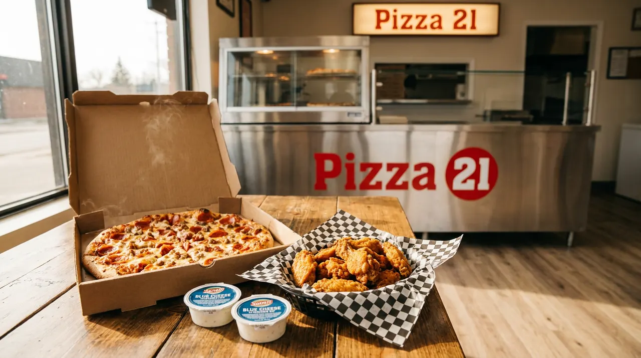 A freshly baked pepperoni and sausage pizza in an open cardboard box next to a basket of golden-brown chicken wings and two dipping sauces on a rustic wooden table inside Pizza 21.