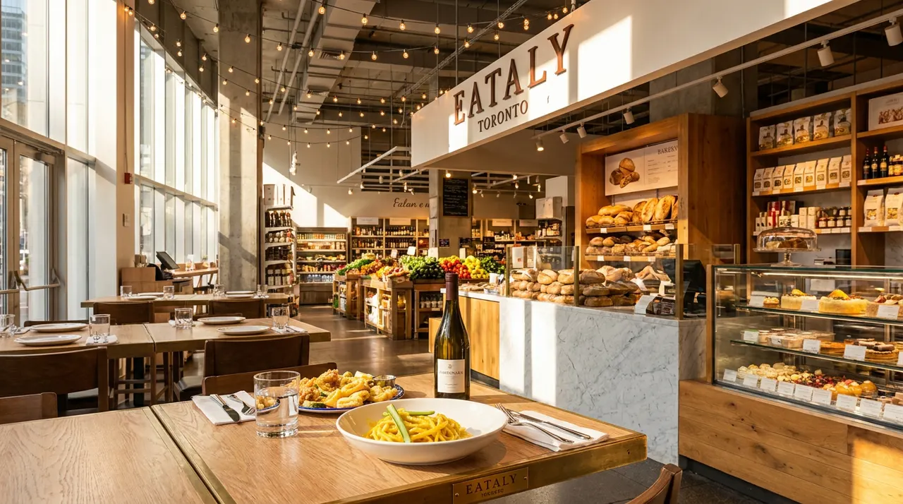 A bright, sunlit dining area at Eataly Toronto with wooden tables set with pasta and wine, looking towards a bakery counter and market shelves.