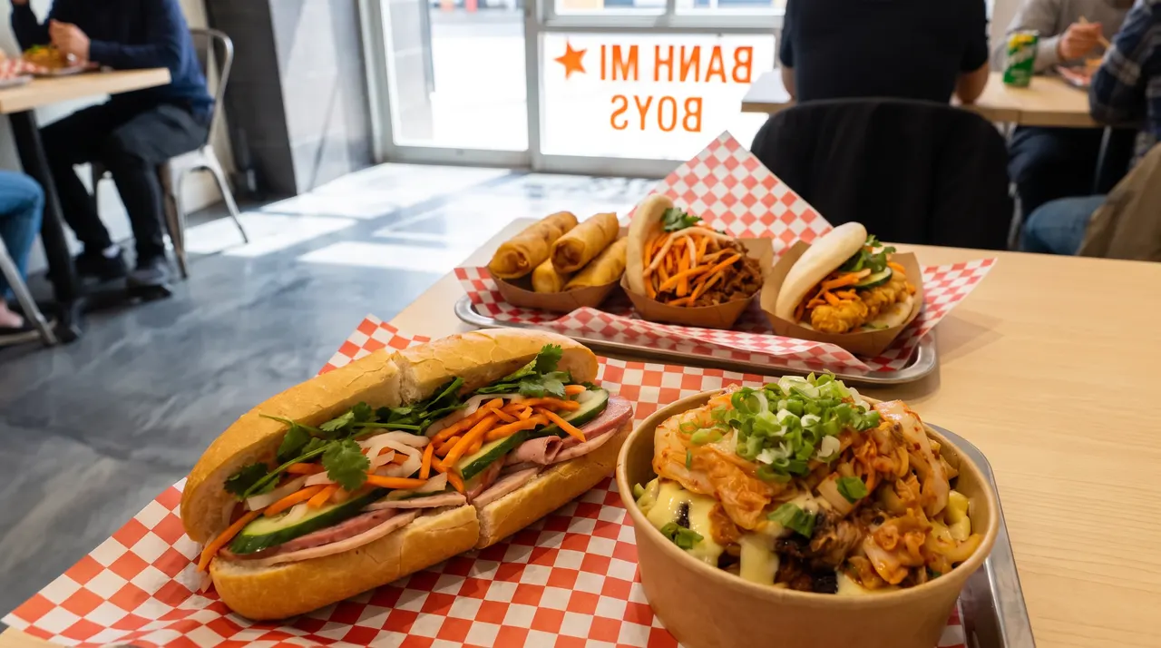 A table spread at Banh Mi Boys featuring a classic banh mi sandwich, a bowl topped with green onions and kimchi, spring rolls, and two bao buns on red and white checkered paper.