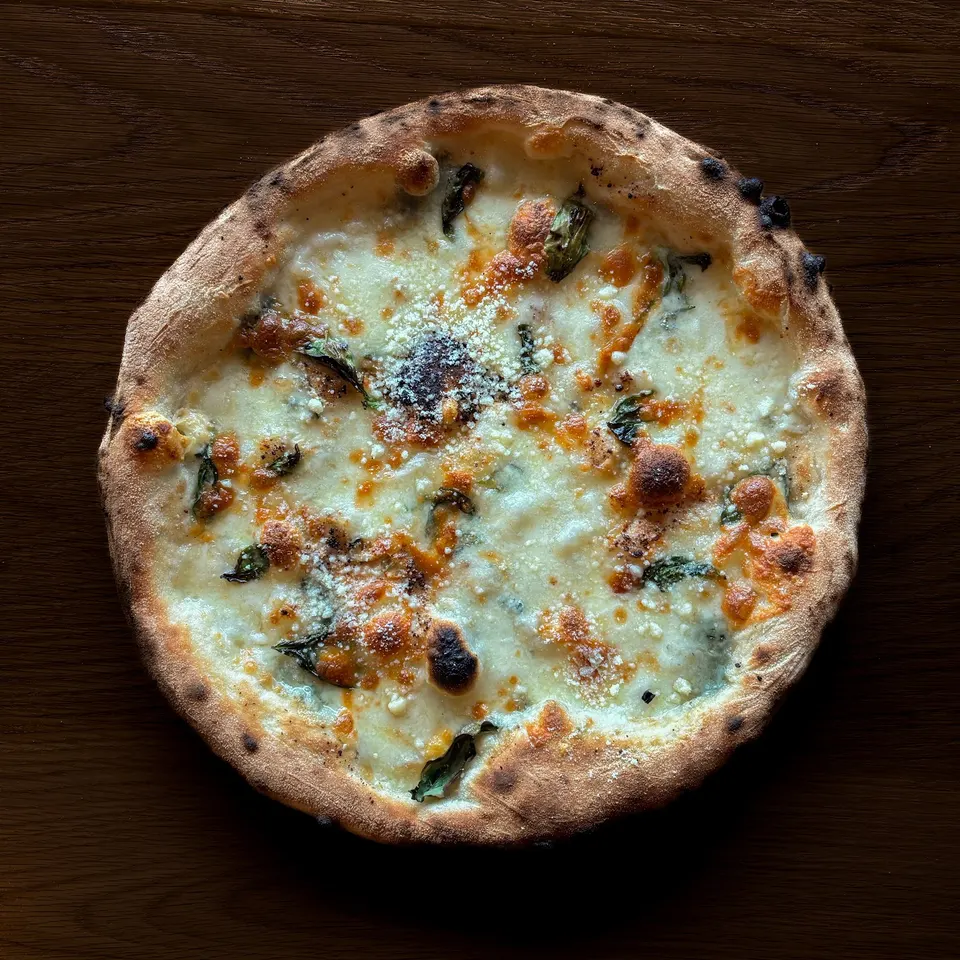 A freshly baked white pizza with a bubbly, charred crust, melted mozzarella cheese, fresh basil leaves, and a dusting of grated parmesan, served on a dark wooden table.