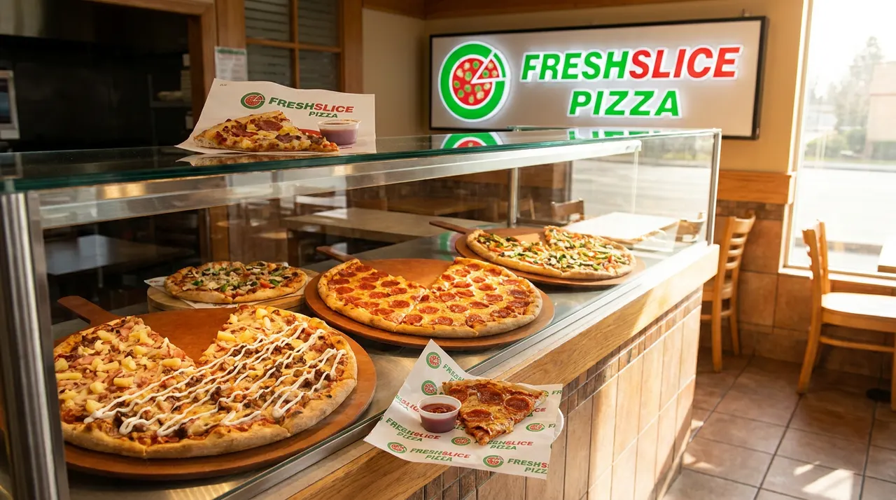 A display counter at Freshslice Pizza showing several whole pizzas with toppings like pepperoni, pineapple, and veggie, along with individual slices on paper liners.