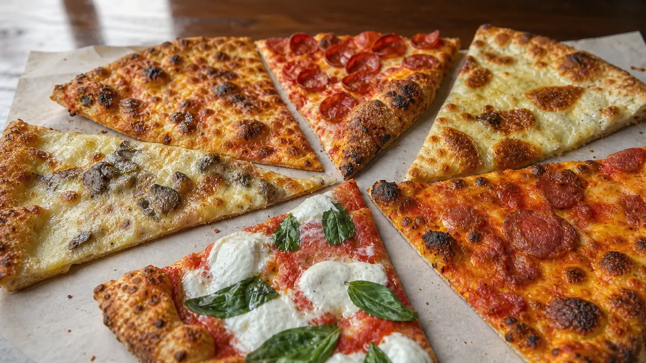 Assorted pizza slices with pepperoni, cheese, mushroom, and tomato-basil toppings arranged on parchment.