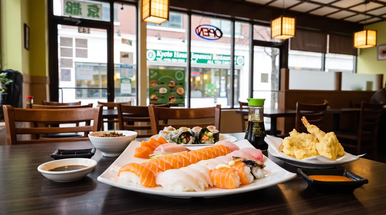 A table at Kyoto House Japanese Restaurant featuring plates of fresh sushi, sashimi, tempura, and dipping sauces, with the restaurant interior and street view visible in the background.