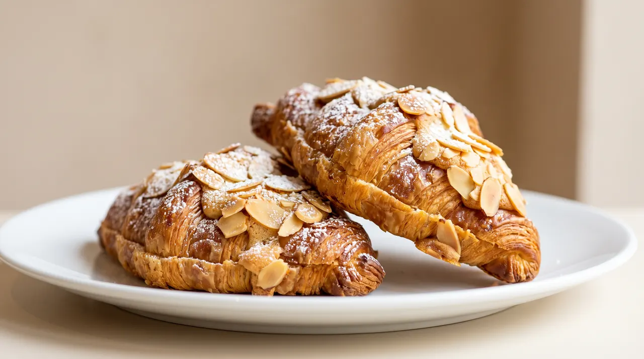Two golden-brown almond croissants dusted with powdered sugar and topped with sliced almonds, served on a white ceramic plate.