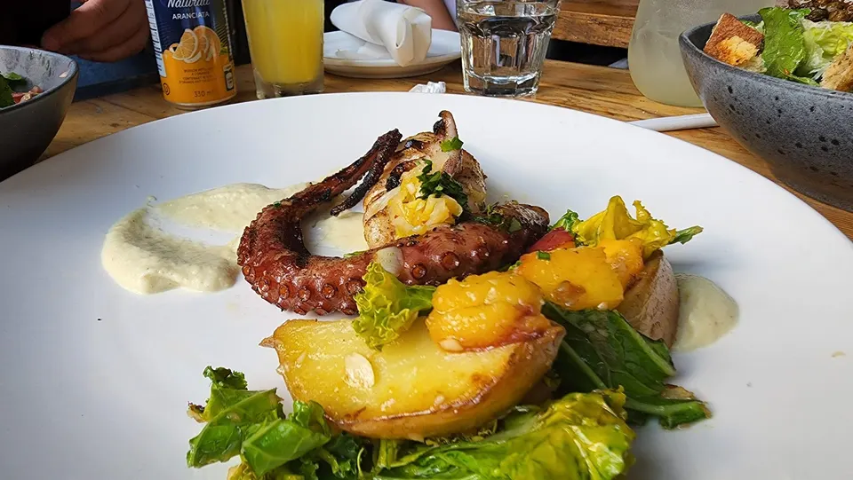A white plate featuring a grilled octopus tentacle, roasted potatoes, fresh greens, and a creamy sauce, set on a wooden table with drinks in the background.