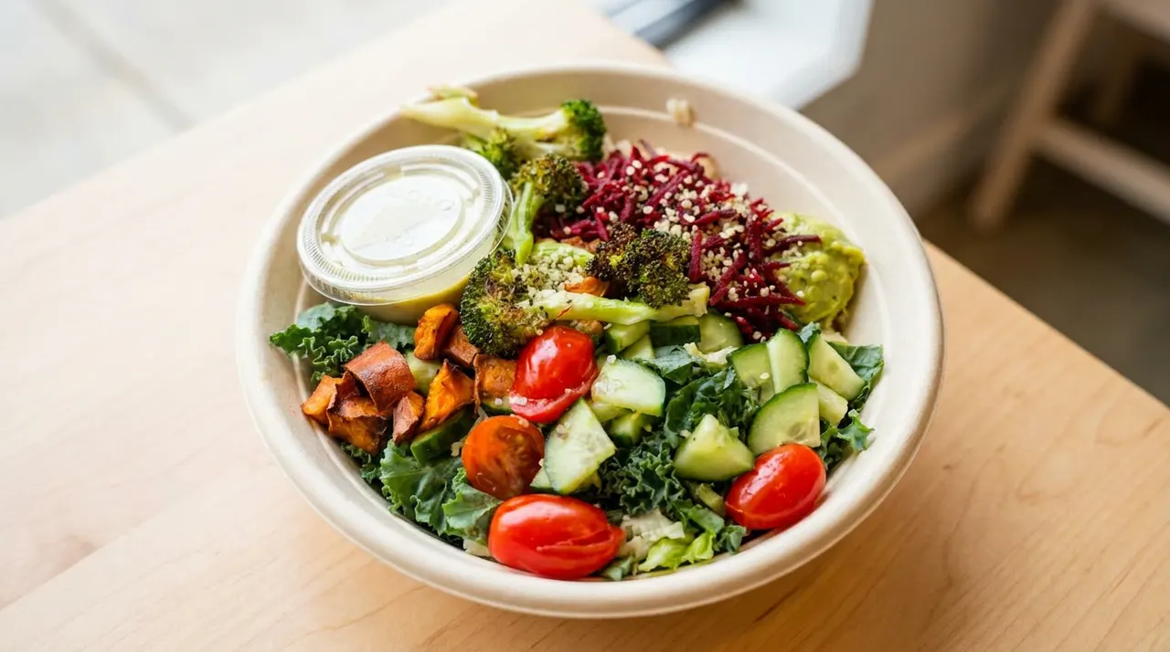 A vibrant salad bowl filled with roasted sweet potatoes, broccoli, cherry tomatoes, cucumbers, shredded beets, and greens, served with a side of dressing in a paper bowl on a wooden table.