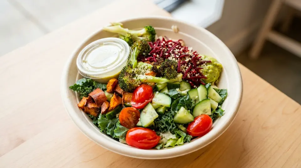 A fresh, colorful salad bowl packed with roasted vegetables, greens, and dressing at Salus Fresh Foods.