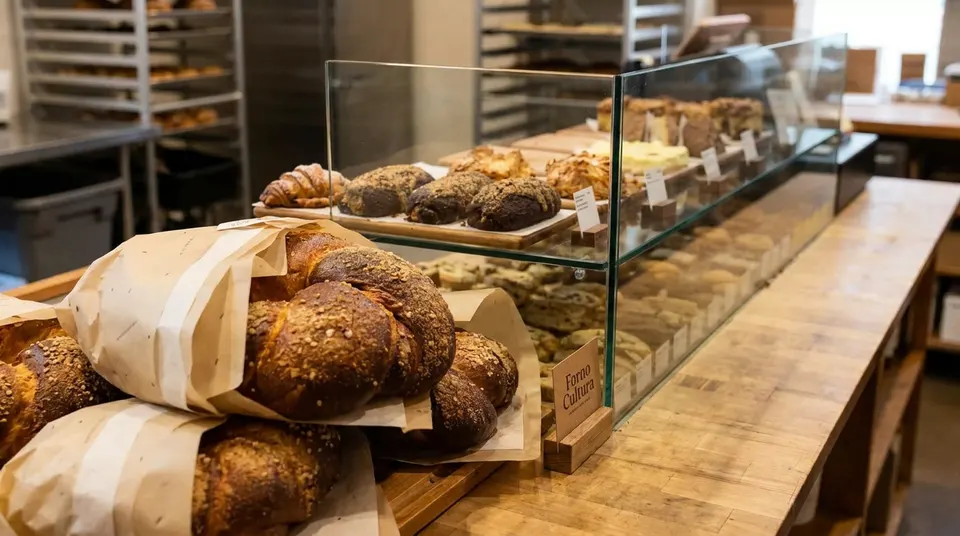 Artisanal breads and pastries on display at Forno Cultura.