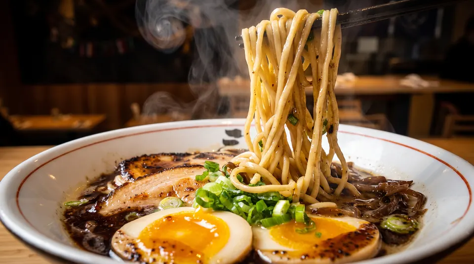 A bowl of ramen with thick noodles lifted by chopsticks, soft-boiled eggs, sliced pork belly, and green onions in a dark broth with steam rising.