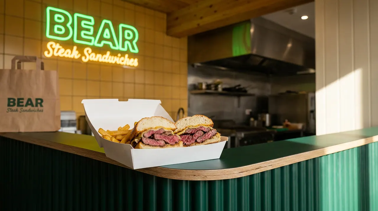A steak sandwich cut in half and served with french fries in a white takeaway box on a green counter, with a neon 'BEAR Steak Sandwiches' sign on the tiled wall behind.