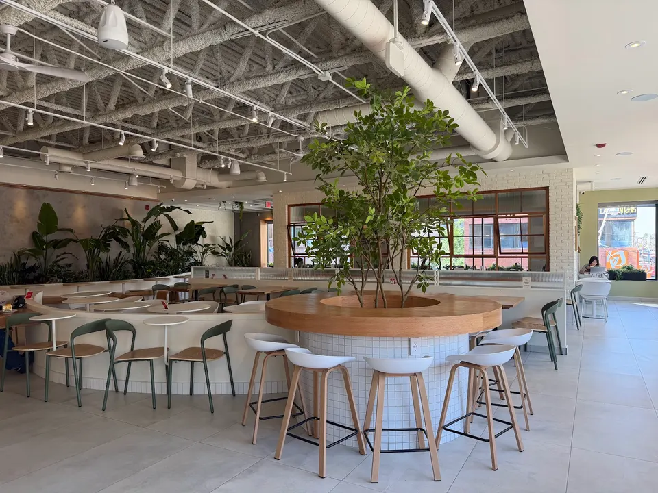 Modern cafe interior featuring a large circular wooden bar built around a live green tree, surrounded by white barstools, curved banquette seating, and industrial exposed ceilings.