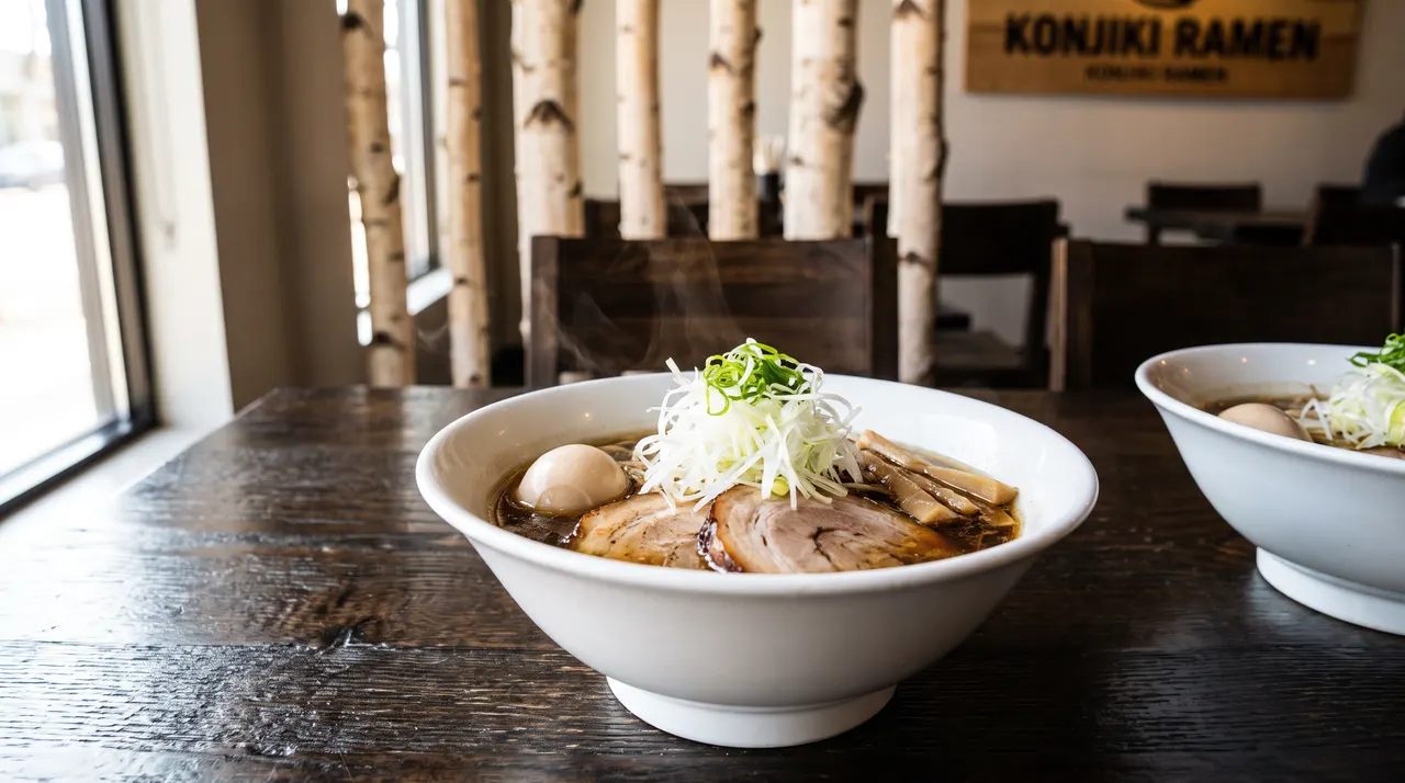 A steaming bowl of ramen with sliced chashu pork, a soft-boiled egg, bamboo shoots, and shredded green onions on a dark wooden table inside Konjiki Ramen.