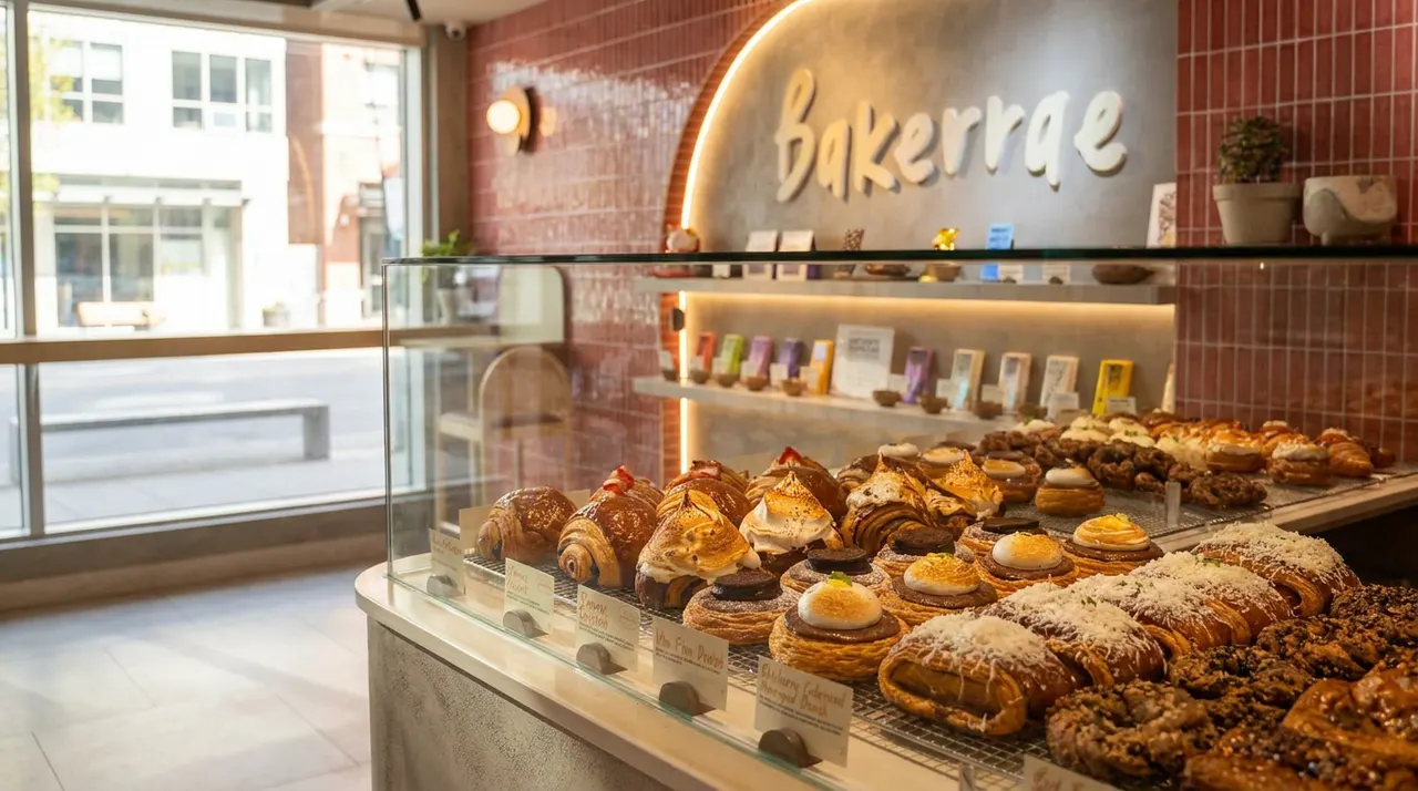A glass display case filled with a variety of artisanal pastries, croissants, and tarts inside Bakerrae bakery, with a warm red-tiled wall and a sign reading 'Bakerrae' in the background.