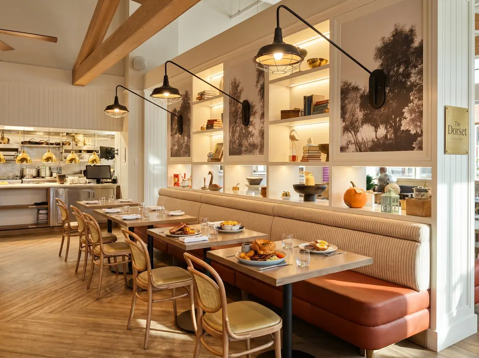 A brightly lit restaurant interior featuring a long banquette booth with individual tables set for meals. Woven-back wooden chairs are placed opposite the booth. Above the seating, shelves display books and decorative items, illuminated by strip lighting and industrial-style wall sconces. In the bac
