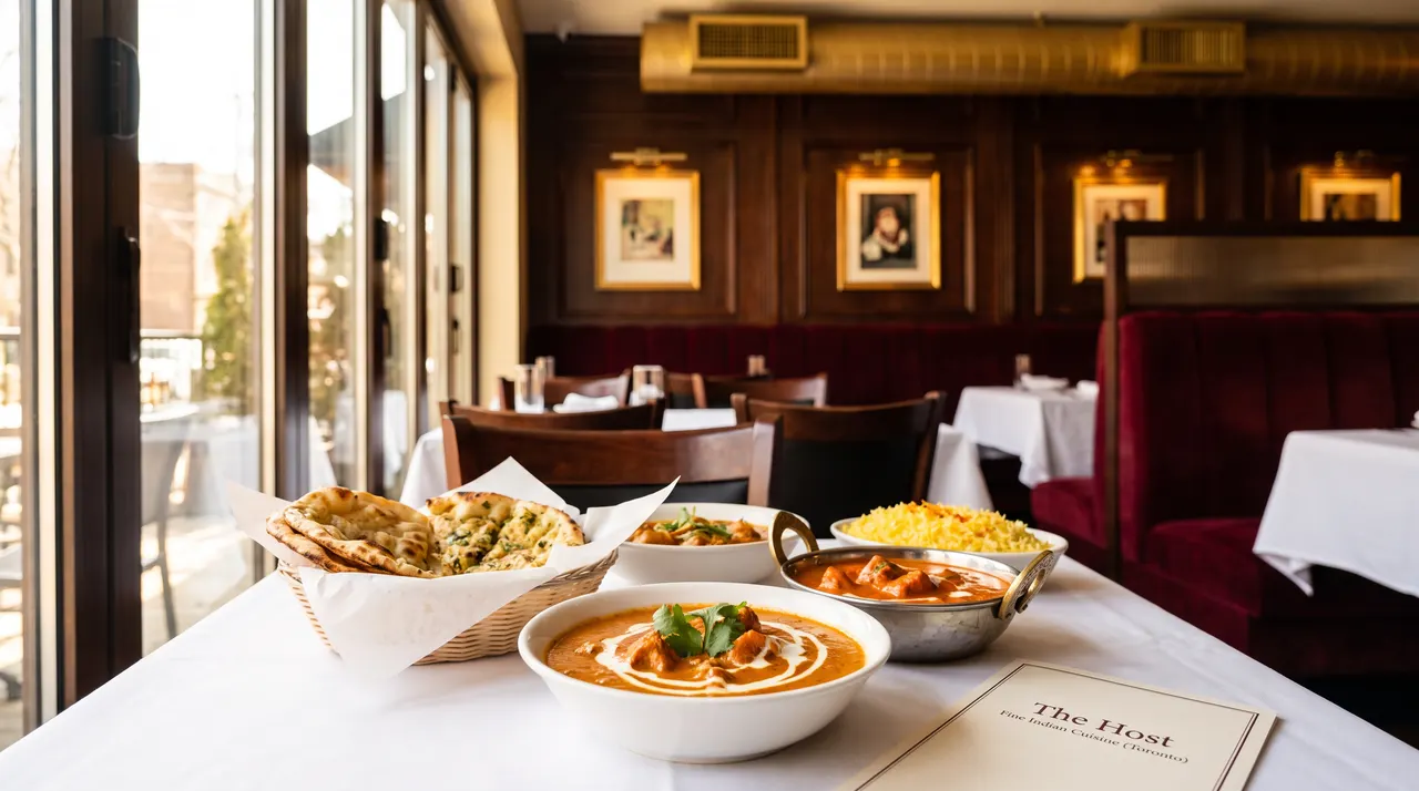 A table set with Indian dishes including butter chicken, naan bread in a basket, and yellow rice, with a restaurant menu in the foreground and a dining room in the background.