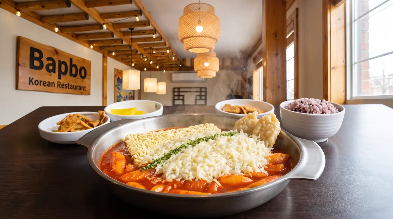 A large metal pot of steaming tteokbokki topped with ramen noodles, melted cheese, and green garnish, served with side dishes and purple rice on a dark wooden table inside a Korean restaurant.
