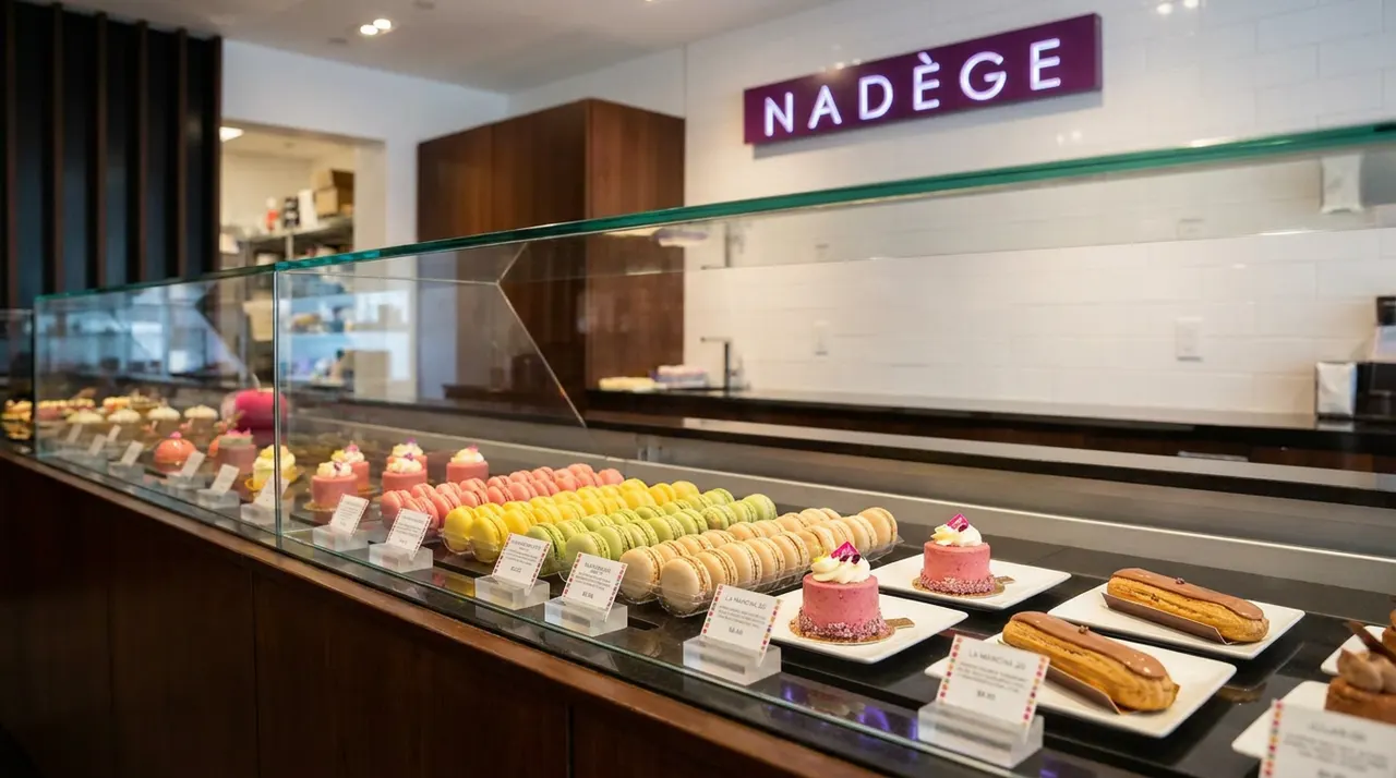 A glass display case filled with colorful macarons, small pink cakes, and eclairs on white plates at Nadège Patisserie, with a purple brand sign on the wall behind.