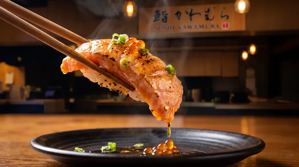 A piece of seared salmon nigiri sushi topped with green onions and salmon roe is held by wooden chopsticks over a black plate, with a drop of sauce falling. The background shows a blurry restaurant interior with a sign reading 'Sushi Kawamura'.