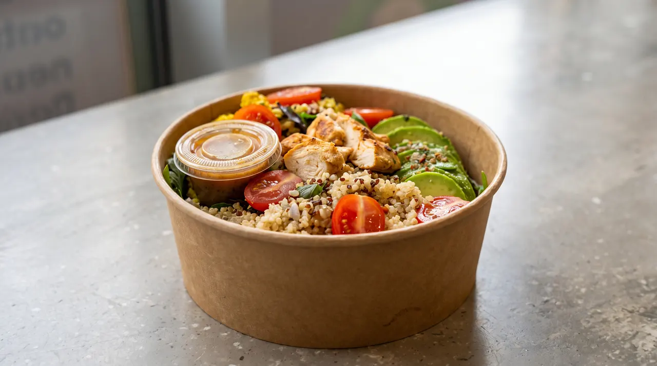 A healthy grain bowl in a brown paper container on a light gray counter, filled with quinoa, grilled chicken pieces, sliced avocado, cherry tomatoes, and a small cup of dressing.