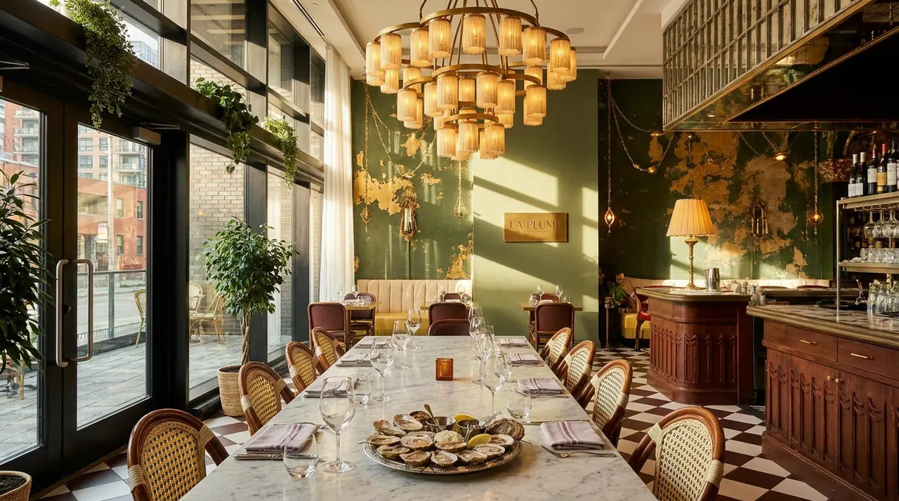 A long marble dining table set with wine glasses and a platter of fresh oysters under a large brass chandelier in a chic French restaurant with green walls and checkered floors.