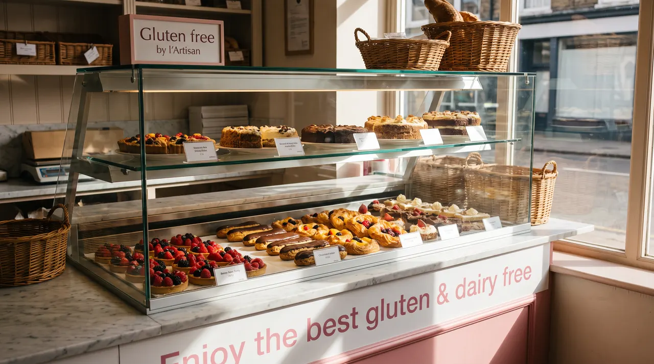 A glass display case filled with gluten-free pastries, including berry tarts, eclairs, danishes, and cakes, inside a bright bakery with a sign reading 'Enjoy the best gluten & dairy free'.
