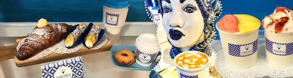A collage of Italian pastries, coffee, and gelato from Mizzica Gelateria & Cafe, featuring a croissant, cannoli, a cookie, coffee cups, and colorful gelato cups next to a decorative ceramic head.