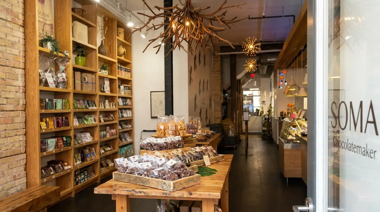 View through the glass door of SOMA Chocolatemaker, showing a rustic wooden table with packaged chocolates, tall wooden shelves stocked with products, and a unique branch-like chandelier.