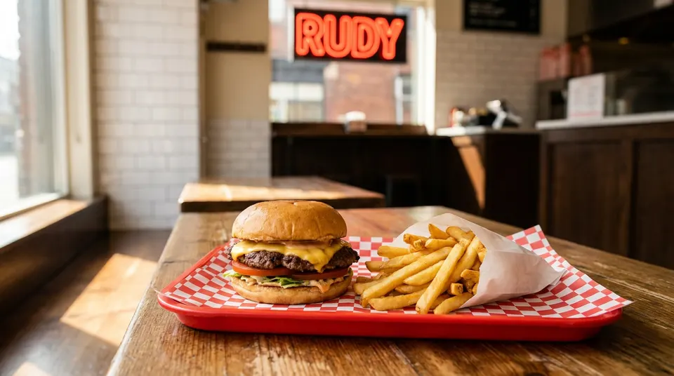A classic cheeseburger and fresh french fries served on a tray at Rudy.
