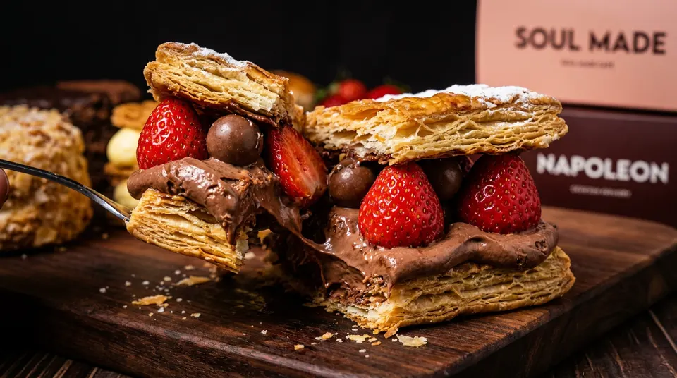 A close-up shot of a chocolate and strawberry Napoleon pastry being lifted with a fork on a wooden serving board, showing layers of puff pastry, chocolate cream, fresh strawberries, and chocolate malt balls.