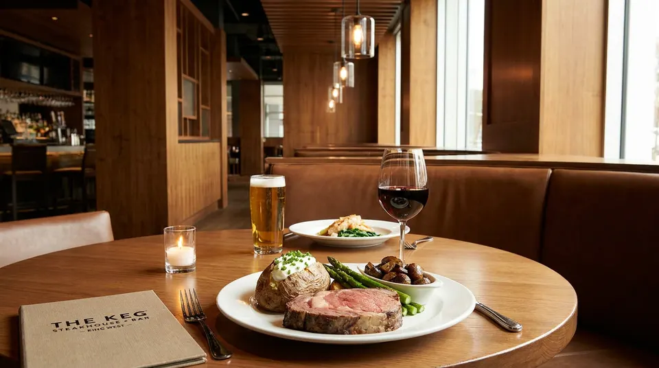 A classic prime rib dinner with wine and beer at The Keg Steakhouse + Bar - King West.