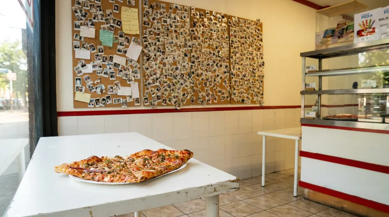 Two large slices of pizza topped with meat and vegetables served on a white plate on a white table inside Cora Pizza, with a corkboard covered in photos in the background.