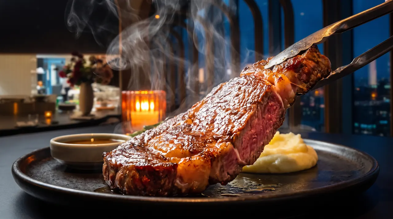 A thick, juicy ribeye steak being lifted with metal tongs from a dark plate, revealing a perfectly seared crust and a pink medium-rare center, served with mashed potatoes and gravy.