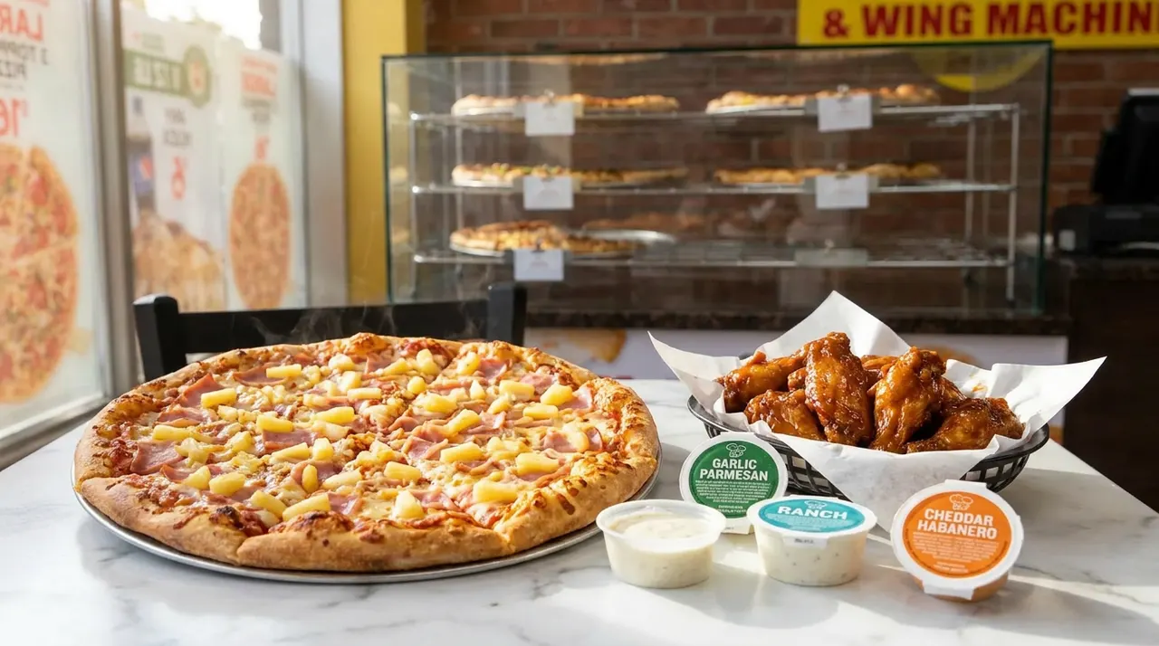 A large ham and pineapple pizza on a metal tray next to a basket of chicken wings and three dipping sauces on a white marble table.