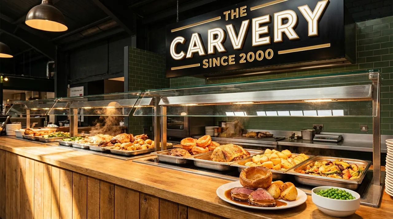 A hot carvery buffet line under a sign reading 'The Carvery Since 2000' with trays of roast meats, Yorkshire puddings, roast potatoes, and a plated roast dinner in the foreground.