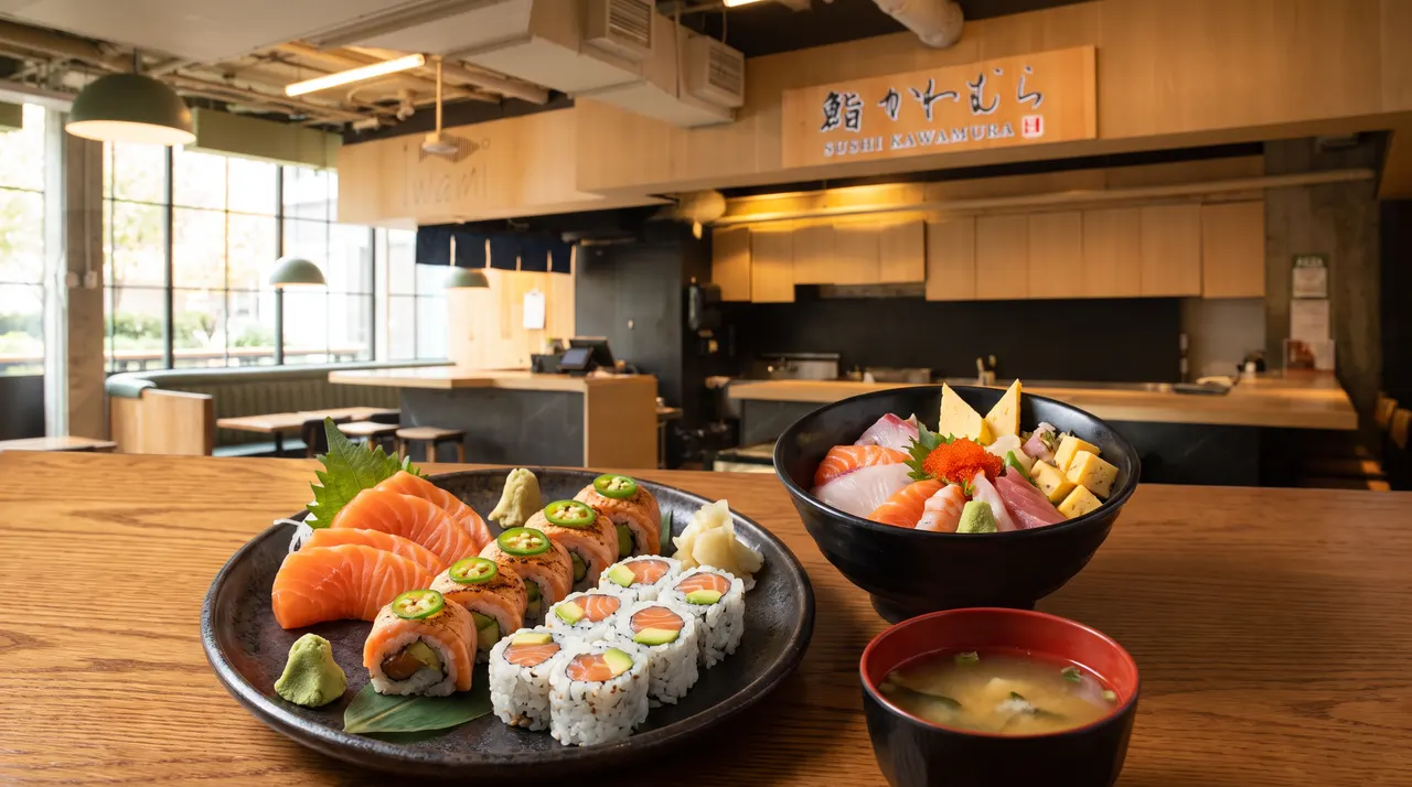 A wooden table in a Japanese restaurant featuring a plate of salmon sashimi and sushi rolls, a chirashi bowl, and a bowl of miso soup, with the dining area and sushi bar in the background.