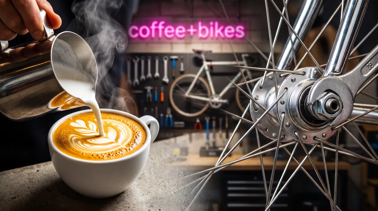 A split-screen image showing a barista pouring latte art into a white cup on the left, and a close-up of a bicycle wheel hub with spokes on the right, with a neon 'coffee+bikes' sign in the background.