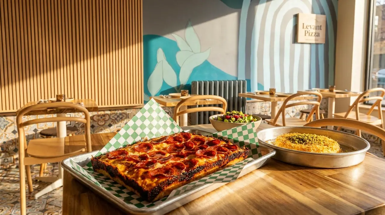 A rectangular thick-crust pepperoni pizza on a metal tray with green checkered paper, next to a bowl of salad and a round dessert on a wooden table inside Levant Pizza.