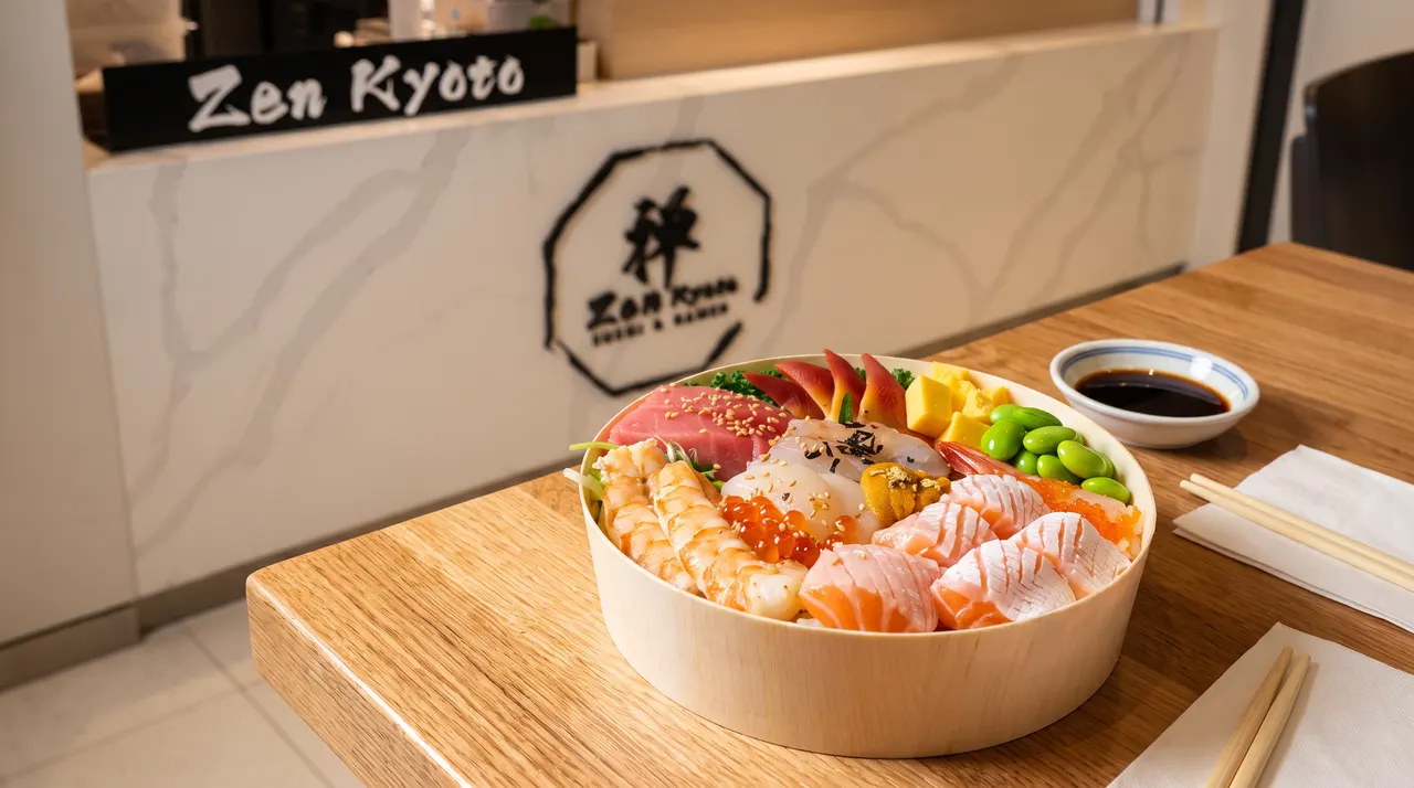 A premium chirashi don bowl filled with assorted sashimi, shrimp, edamame, and tamago, served on a wooden table at Zen Kyoto with a soy sauce dish and chopsticks nearby.