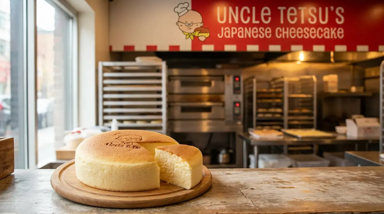 A fluffy Japanese cheesecake with a slice cut out, resting on a wooden board on a rustic counter inside an Uncle Tetsu's bakery with ovens in the background.