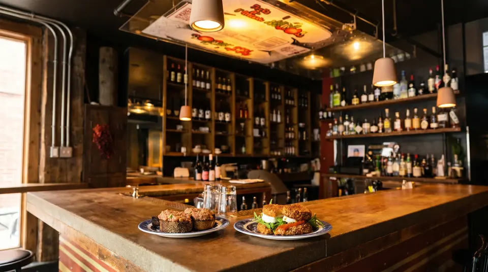 Two plates of small bites, including a sandwich and topped bread slices, sit on a wooden bar counter inside a dimly lit bar with shelves of liquor bottles in the background.