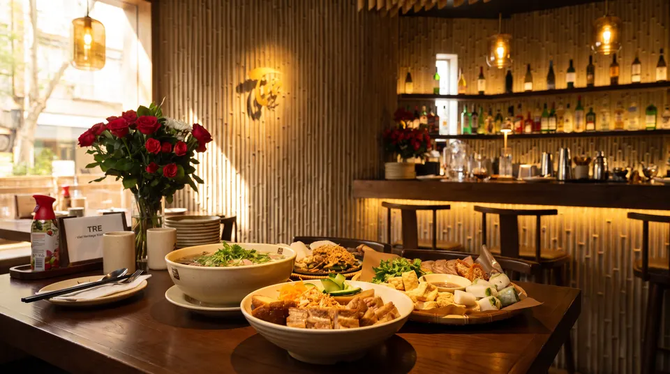 A spread of authentic Vietnamese dishes served in a cozy, bamboo-accented dining room.