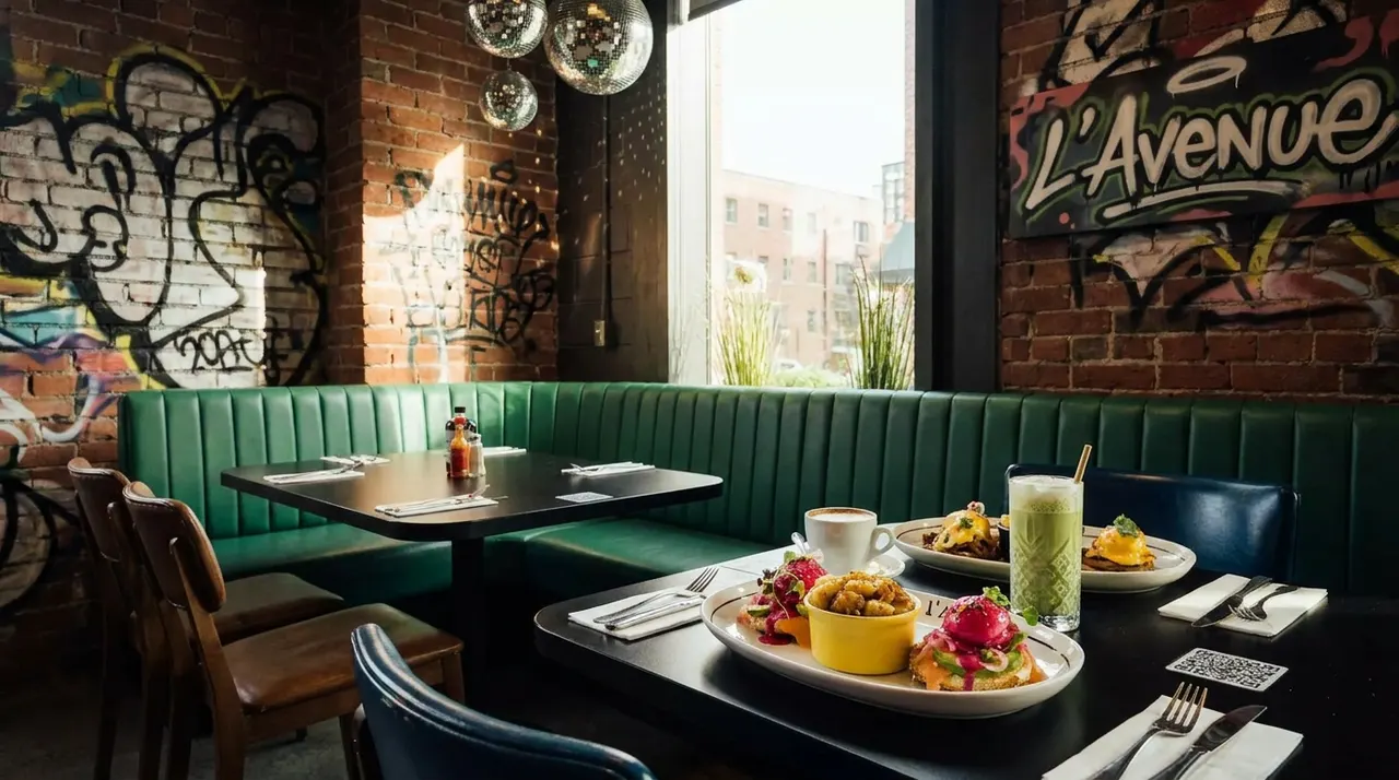 A restaurant dining table set with brunch dishes including eggs benedict, a green smoothie, and coffee, next to a green leather booth and brick walls with graffiti art.