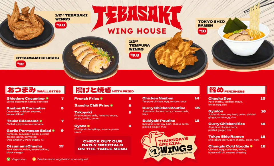 A menu from Tebasaki Wing House featuring illustrations of chicken wings, chashu, and ramen at the top, with a detailed list of small bites, hot and fried items, and finishers below.