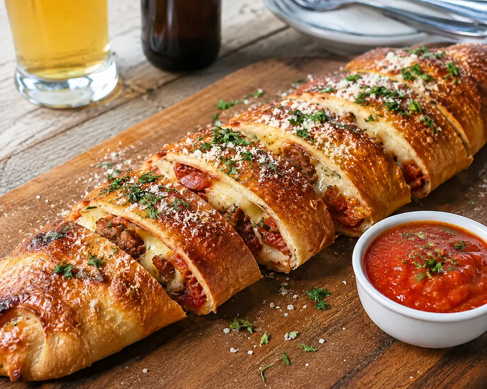 A golden-brown stromboli sliced into portions on a wooden board, filled with melted cheese, meat, and sauce, garnished with grated parmesan and parsley, served with a side of marinara sauce.