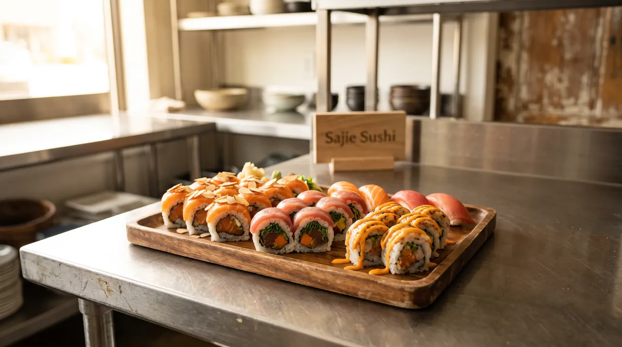 A wooden platter of assorted sushi rolls and nigiri, including salmon rolls topped with sliced almonds and rolls drizzled with spicy mayo, presented on a stainless steel kitchen counter at Sajie Sushi.
