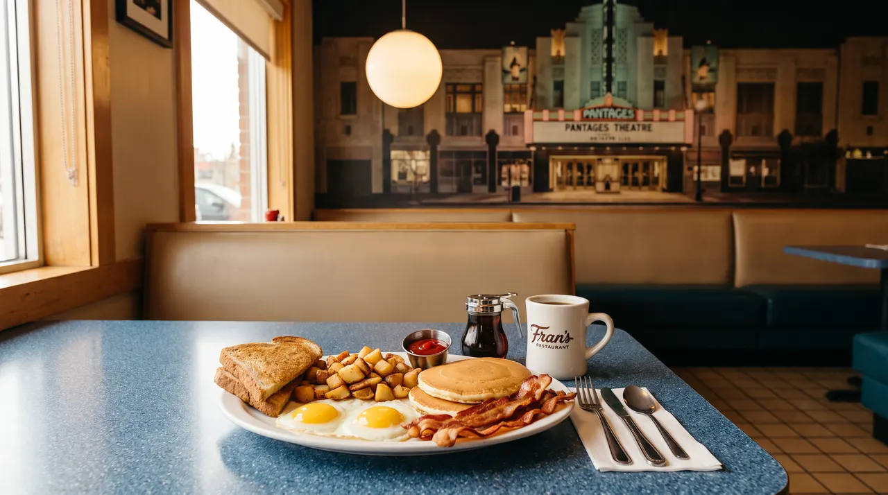 A classic breakfast platter with fried eggs, home fries, pancakes, bacon, and toast served on a blue diner table next to a coffee mug and syrup dispenser.
